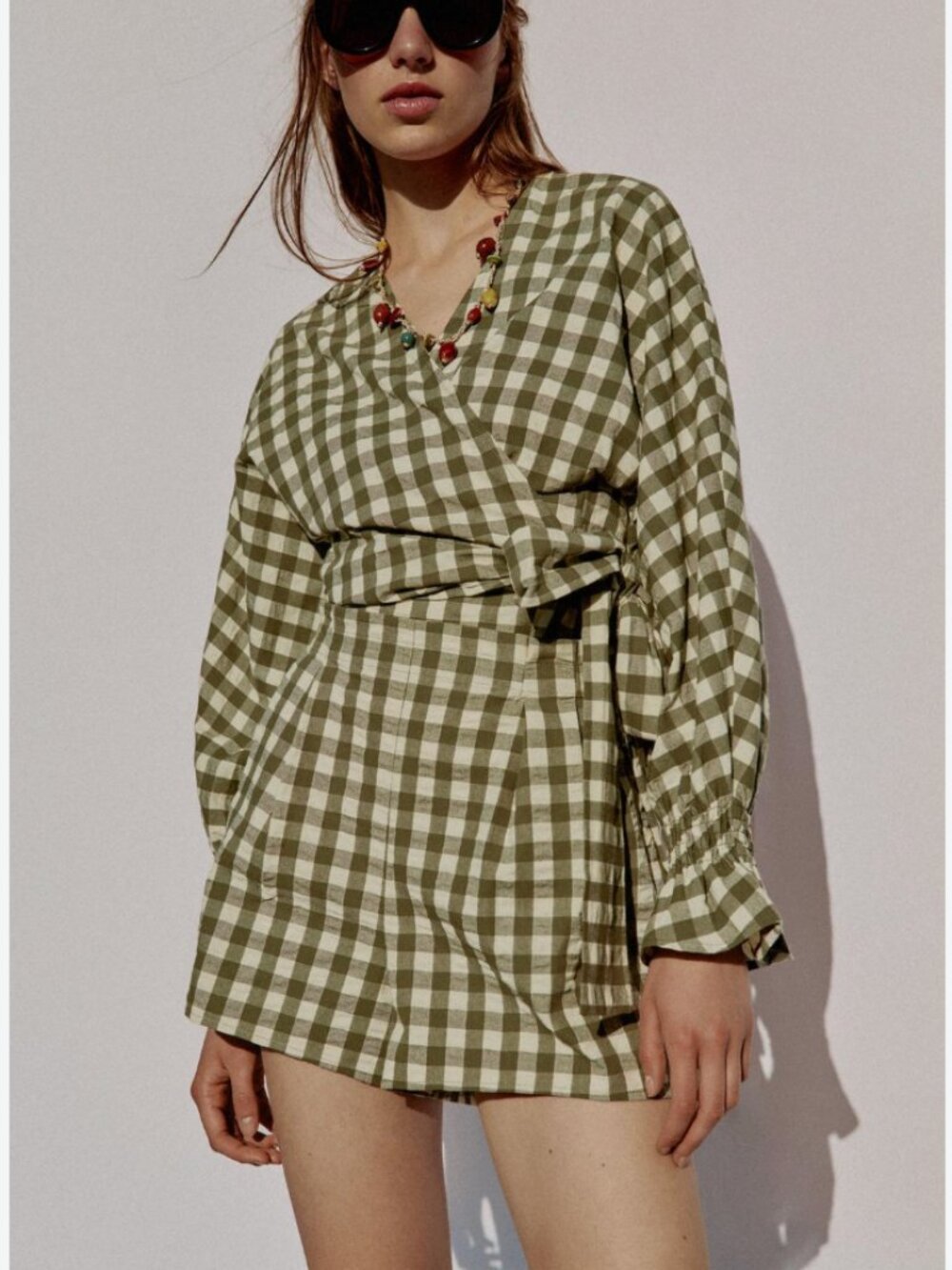 Zara Gingham Tie Blouse and Shorts SET - size M - green and cream check